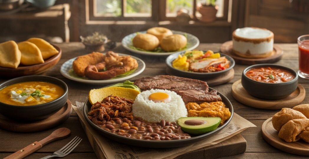 Traditional Colombian foods served on a rustic table, featuring rice, beans, avocado, fried egg, and arepas.