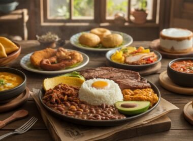 Traditional Colombian foods served on a rustic table, featuring rice, beans, avocado, fried egg, and arepas.
