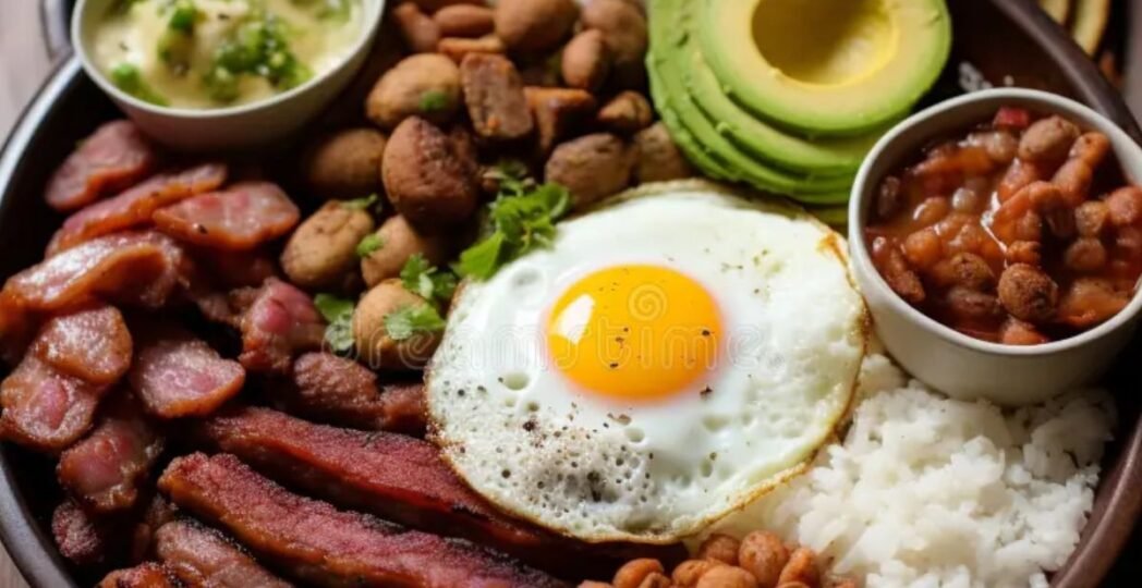Traditional Colombian dish featuring fried egg, rice, beans, avocado slices, grilled meats, and sausages.