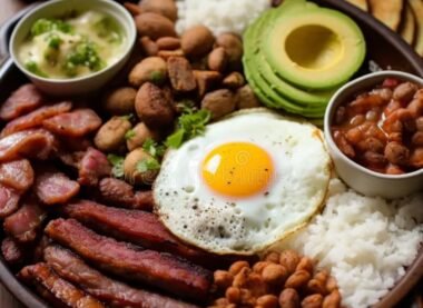 Traditional Colombian dish featuring fried egg, rice, beans, avocado slices, grilled meats, and sausages.