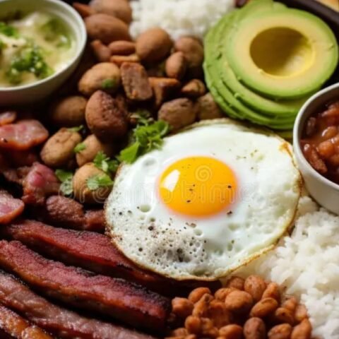 Traditional Colombian dish featuring fried egg, rice, beans, avocado slices, grilled meats, and sausages.
