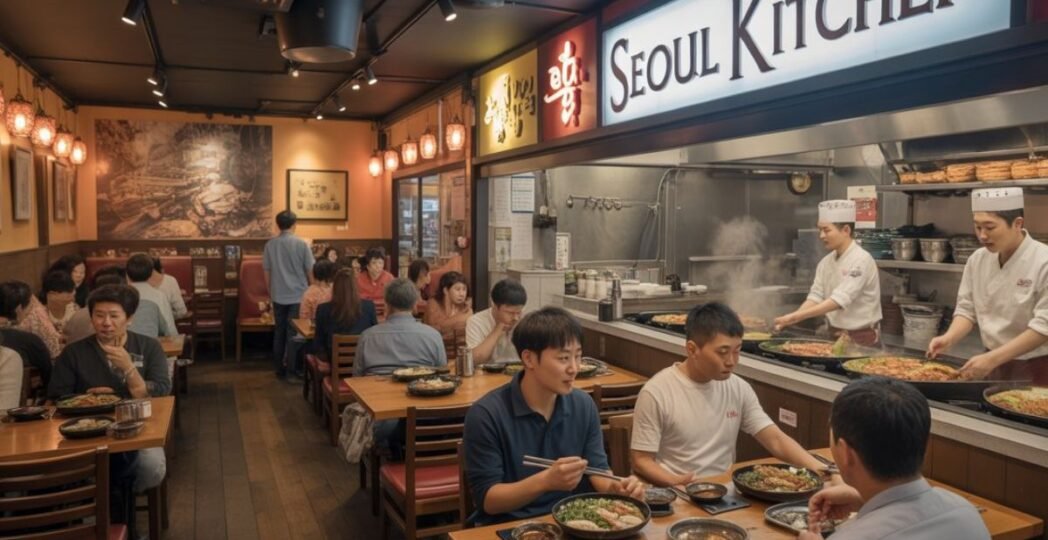 Customers dining at Seoul Kitchen, one of the best Korean restaurants, with chefs cooking authentic Korean dishes on open grills in a warm and lively atmosphere.