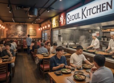 Customers dining at Seoul Kitchen, one of the best Korean restaurants, with chefs cooking authentic Korean dishes on open grills in a warm and lively atmosphere.