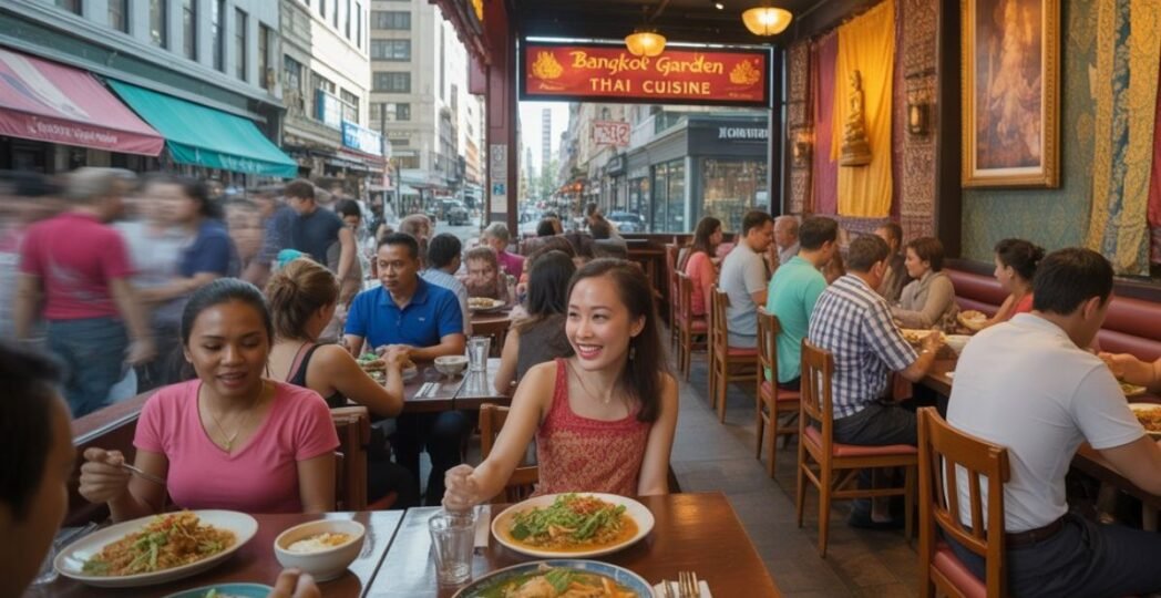 People enjoying Thai food at a busy restaurant named Bangkok Garden Thai restaurants.