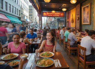People enjoying Thai food at a busy restaurant named Bangkok Garden Thai restaurants.
