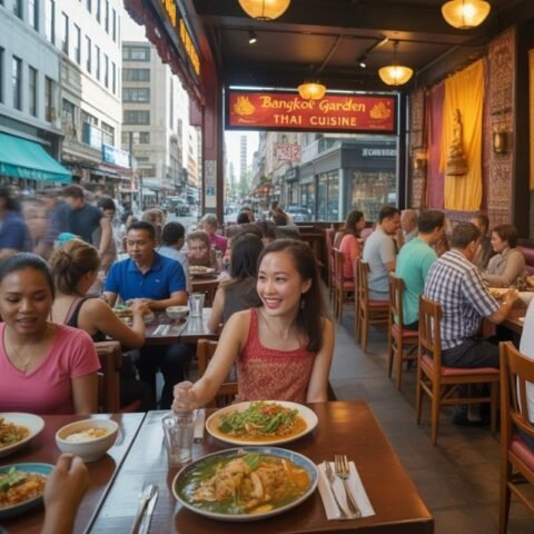 People enjoying Thai food at a busy restaurant named Bangkok Garden Thai restaurants.