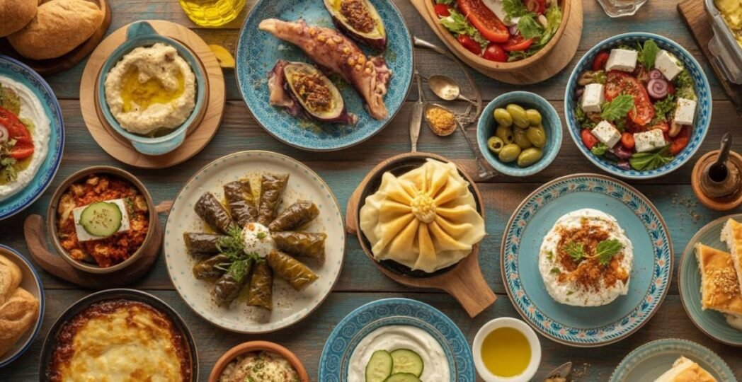 A colorful spread of traditional Greek food featuring dishes like moussaka, dolmades, Greek salad, tzatziki, hummus, feta cheese, olives, and fresh bread on a rustic wooden table.