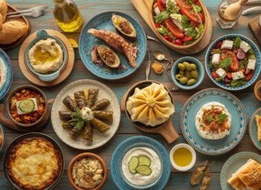 A colorful spread of traditional Greek food featuring dishes like moussaka, dolmades, Greek salad, tzatziki, hummus, feta cheese, olives, and fresh bread on a rustic wooden table.