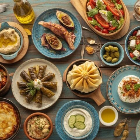 A colorful spread of traditional Greek food featuring dishes like moussaka, dolmades, Greek salad, tzatziki, hummus, feta cheese, olives, and fresh bread on a rustic wooden table.