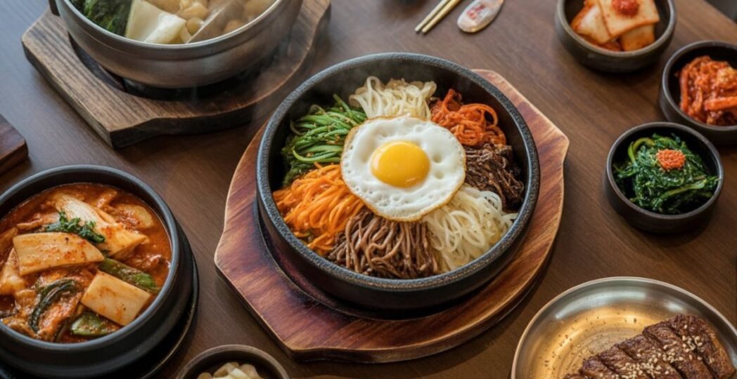 A colorful Korean food spread with bibimbap, kimchi, grilled beef, and side dishes.