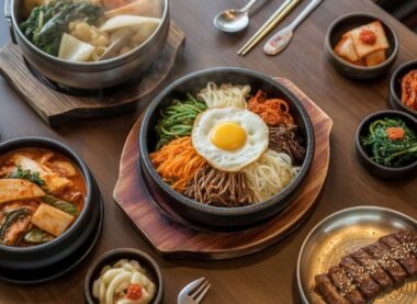 A colorful Korean food spread with bibimbap, kimchi, grilled beef, and side dishes.