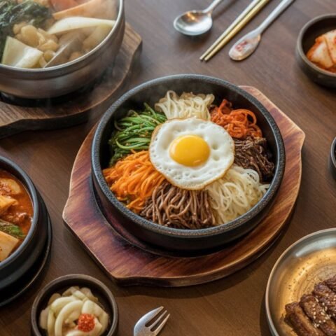 A colorful Korean food spread with bibimbap, kimchi, grilled beef, and side dishes.