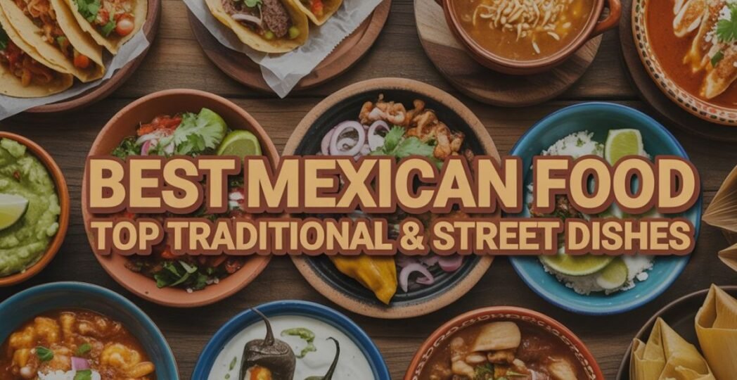 Delicious plates of traditional and street-style Mexican dishes with text overlay saying “Best Mexican Food: Top Traditional & Street Dishes.”