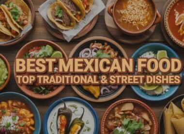 Delicious plates of traditional and street-style Mexican dishes with text overlay saying “Best Mexican Food: Top Traditional & Street Dishes.”