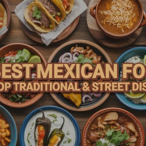 Delicious plates of traditional and street-style Mexican dishes with text overlay saying “Best Mexican Food: Top Traditional & Street Dishes.”