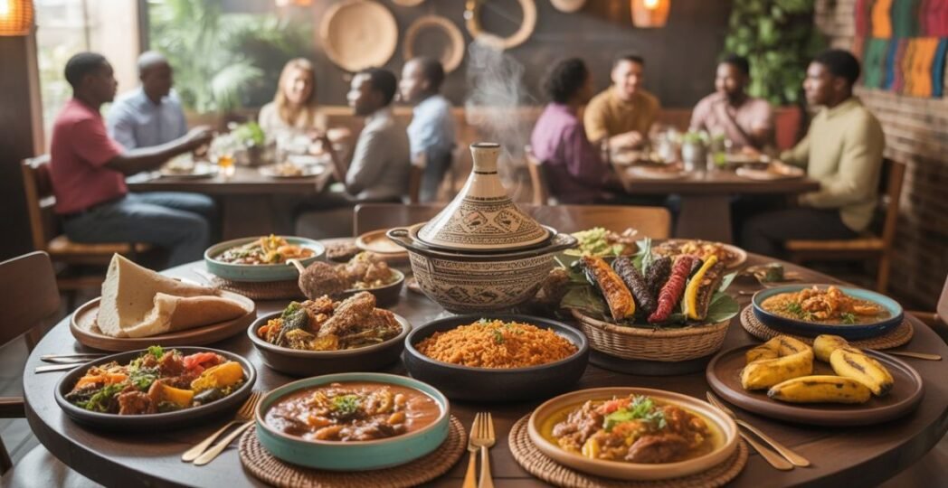 A table full of vibrant African dishes at an African restaurant, featuring jollof rice, grilled meats, plantains, and stews with diners enjoying meals in the background.
