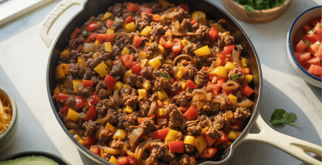 Skillet filled with cooked ground beef, onions, and colorful bell peppers, surrounded by fresh toppings like tomatoes, avocado, cheese, and cilantro.