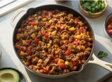 Skillet filled with cooked ground beef, onions, and colorful bell peppers, surrounded by fresh toppings like tomatoes, avocado, cheese, and cilantro.