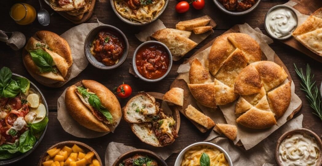 A delicious spread of traditional Italian foods including fresh bread, pasta, sandwiches, tomato sauces, and basil garnish on a rustic wooden table.