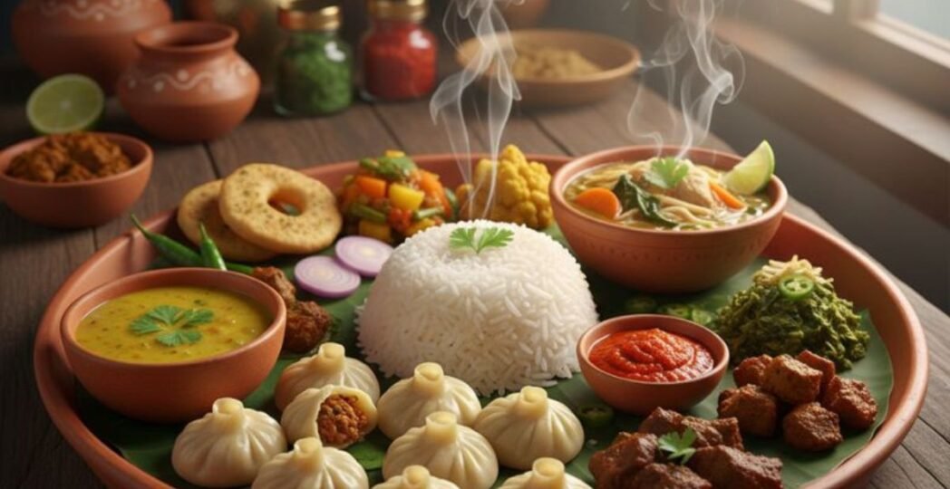 A traditional Nepali food platter featuring steamed rice, momos, lentil soup, curries, vegetables, and chutneys served on a rustic wooden table.