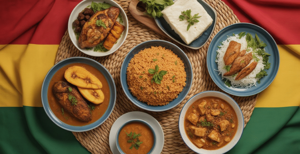 A spread of traditional Ghanaian dishes arranged on a woven mat, featuring jollof rice, fried plantains, grilled fish, yam, and soups, set against a background of the Ghanaian flag colors (red, yellow, and green).