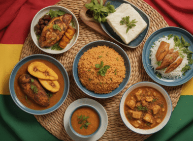 A spread of traditional Ghanaian dishes arranged on a woven mat, featuring jollof rice, fried plantains, grilled fish, yam, and soups, set against a background of the Ghanaian flag colors (red, yellow, and green).