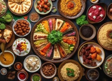 Colorful collage of traditional Arabic food dishes including hummus, falafel, tabbouleh, olives, and baklava on vibrant plates.