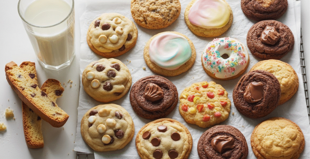 A tray of assorted cookies with different toppings and flavors, placed beside a glass of milk and biscotti on a white surface.