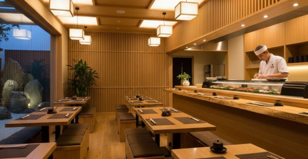 Japanese restaurant interior with wooden décor, neatly arranged tables, and a sushi chef preparing food at the counter.