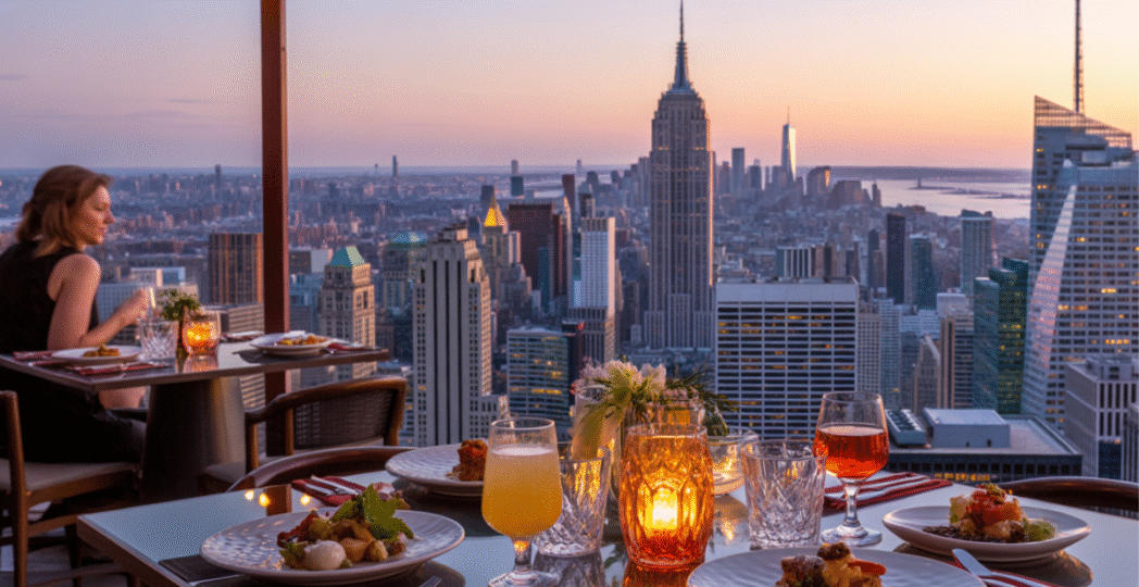 Romantic dinner at a rooftop restaurant in NYC with a stunning view of the Empire State Building at sunset.