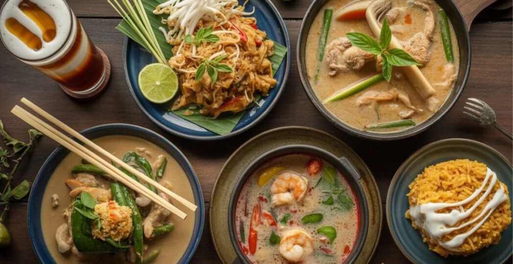 Colorful Thai food dishes including Tom Yum soup, Pad Thai, curry, and rice on a wooden table.