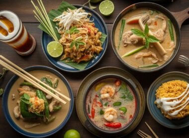 Colorful Thai food dishes including Tom Yum soup, Pad Thai, curry, and rice on a wooden table.